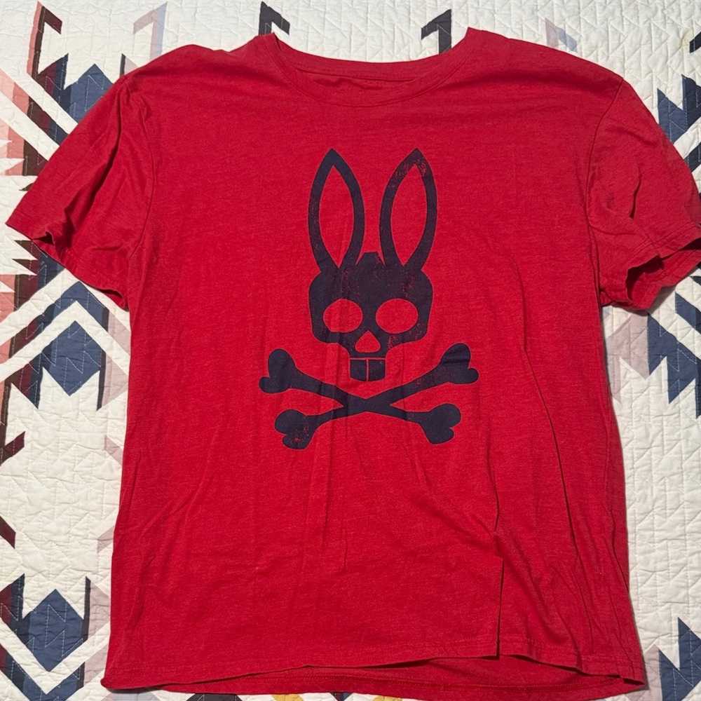 Red  Graphic Tee with Navy Skull Bunny